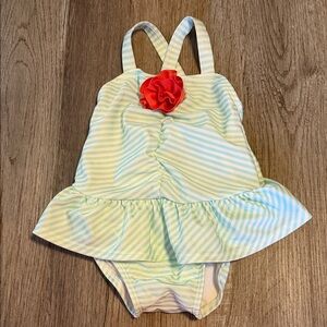 Gymboree Mint & White Striped One-Piece Swimsuit with Coral Flower